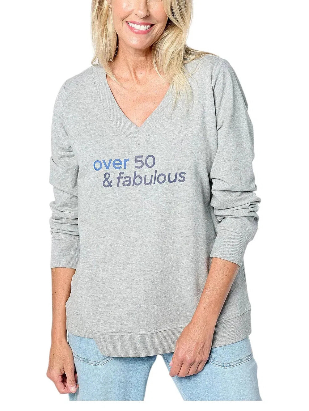Over 50 and Fabulous Women's VNeck LongSlv Graphic Sweatshirt Gray #53*